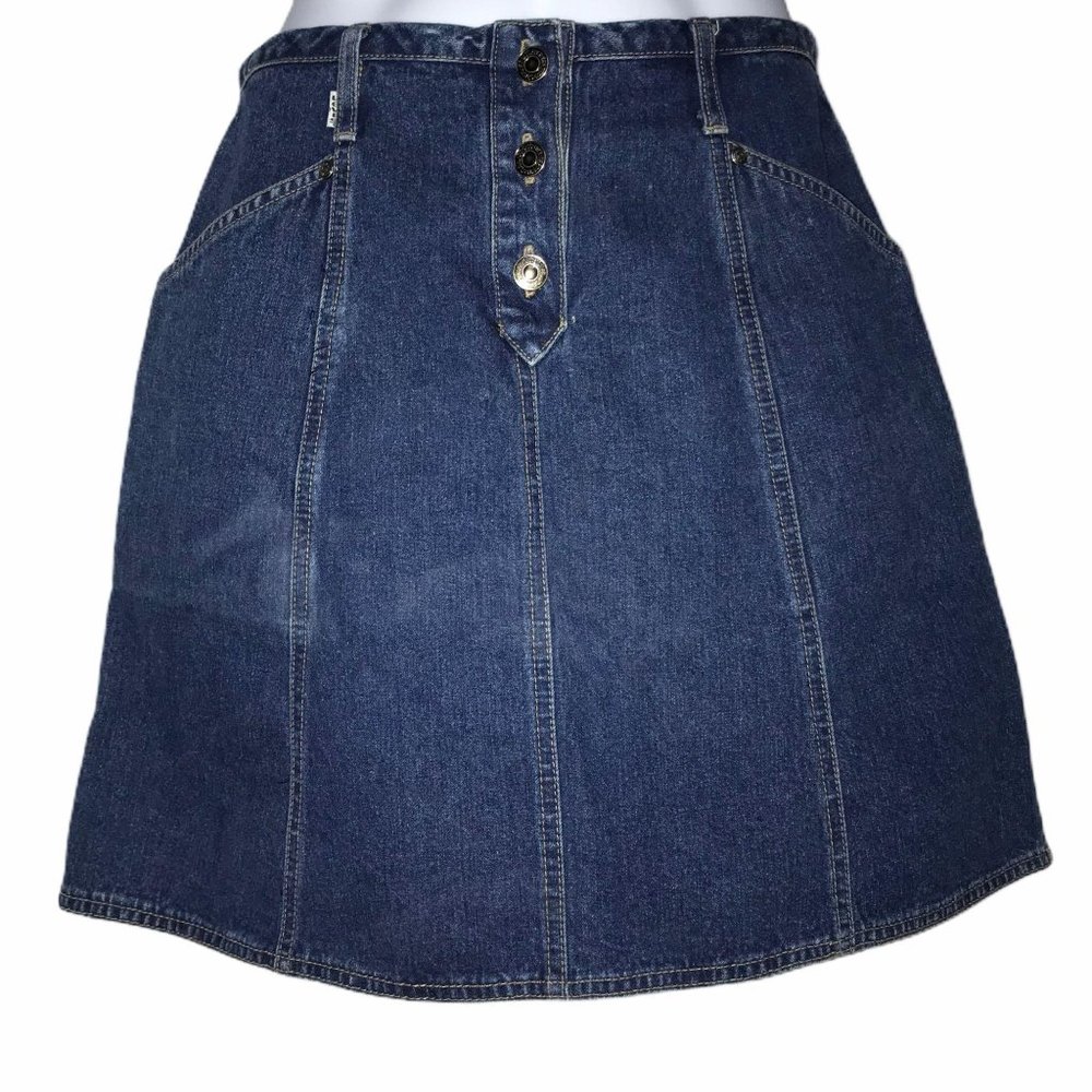Vintage Levis Womens Aline Skirt 10 Medium Wash High Rise Button Fly Skirt Patch